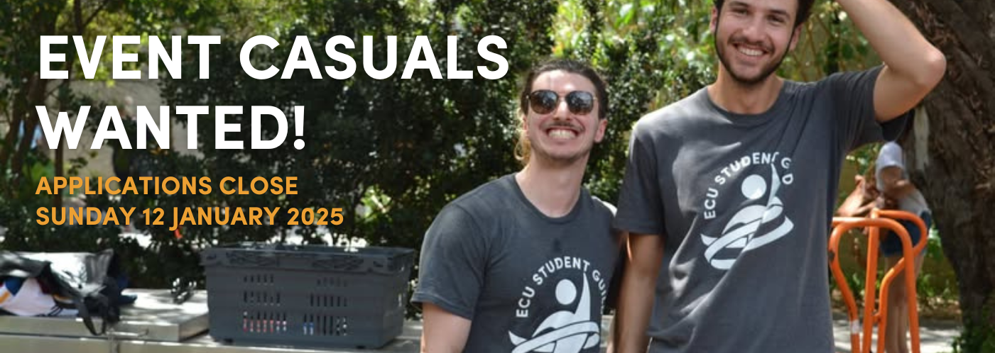 Photo of two male ECU Guild Event Casuals in ECU Guild tshirts, laughing.